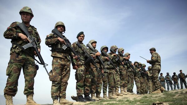 In this Mar. 15, 2016 file photo, Afghanistan's National Army soldiers stand guard, following weeks of heavy clashes to recapture the area from Taliban militants in Dand-e Ghouri district in Baghlan province, north of Kabul, Afghanistan - Sputnik International