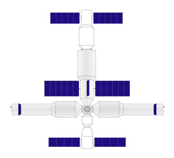 Chinese large orbital station. Artist's impression of the station with the Shenzhou manned spacecraft (bottom) and Tianzhou cargo craft (top) docked Chinese large orbital station. Artist's impression of the station with the Shenzhou manned spacecraft (bottom) and Tianzhou cargo craft (top) docked - Sputnik International