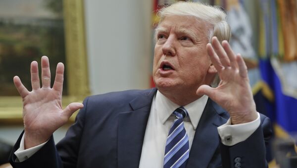 President Donald Trump gestures while speaking during a meeting in the Roosevelt Room of the White House in Washington, Monday, March 13, 2017. - Sputnik International