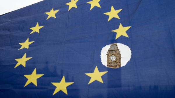 This file photo taken on March 29, 2017 shows a pro-remain protester holds up an EU flag with one of the stars symbolically cut out in front of the Houses of Parliament shortly after British Prime Minister Theresa May announced to the House of Commons that Article 50 had been triggered in London on March 29, 2017. - Sputnik International