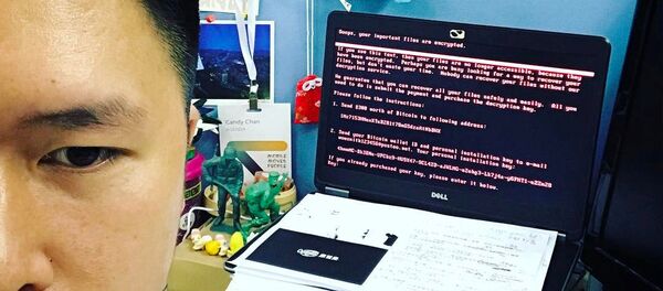 A user takes a selfie in front of a laptop at WPP, a British multinational advertising and public relations company in Hong Kong, China June 28, 2017 in this picture obtained from social media - Sputnik International