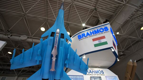 A scale model of the BrahMos missile on display at the 2017 International Maritime Defense Show in St. Petersburg. File photo - Sputnik International