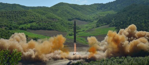 The intercontinental ballistic missile Hwasong-14 is seen during its test launch in this undated photo released by North Korea's Korean Central News Agency (KCNA) in Pyongyang, July, 4 2017. The intercontinental ballistic missile Hwasong-14 is seen during its test launch in this undated photo released by North Korea's Korean Central News Agency (KCNA) in Pyongyang, July, 4 2017. - Sputnik International