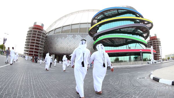 A picture taken with a fisheye lens on May 19, 2017, shows a general view of the Khalifa International Stadium in Doha, after it was refurbished ahead of the Qatar 2022 FIFA World Cup, as fans arrive to attend the Qatar Emir Cup Final football match between Al-Sadd and Al-Rayyan - Sputnik International