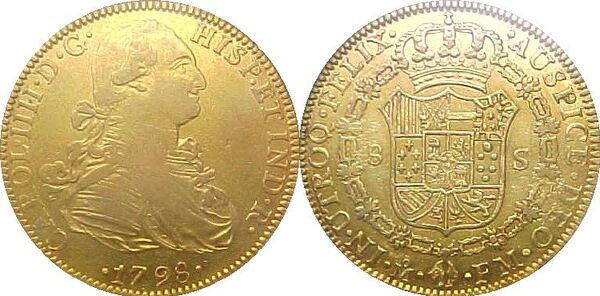 Spanish gold 4-doubloon coin (8 escudos). 27.07 grams, 91.70% purit Spanish gold 4-doubloon coin (8 escudos). 27.07 grams, 91.70% purit - Sputnik International