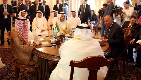Saudi Foreign Minister Adel al-Jubeir (2-L), UAE Foreign Minister Abdullah bin Zayed al-Nahyan (L), Egyptian Foreign Minister Sameh Shoukry (R), and Bahraini Foreign Minister Khalid bin Ahmed al-Khalifa (2-R) meet to discuss the diplomatic situation with Qatar, in Cairo, Egypt, July, 5 2017 - Sputnik International