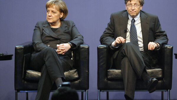 German Chancellor Angela Merkel, left, and the founder of Microsoft, Bill Gates, right, are seen on the podium during the Government Leaders Forum, organized by the software company Microsoft, in Berlin, Germany, on Wednesday, Jan. 23, 2008. - Sputnik International