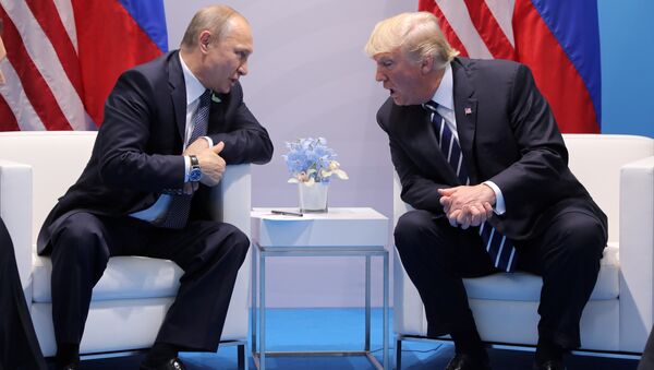 U.S. President Donald Trump speaks with Russian President Vladimir Putin during the their bilateral meeting at the G20 summit in Hamburg, Germany July 7, 2017 - Sputnik International