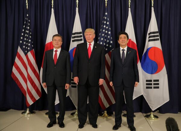 US President Donald Trump meets South Korea's President Moon Jae-In and Japanese Prime Minister Shinzo Abe ahead the G20 leaders summit in Hamburg, Germany July 6, 2017. - Sputnik International