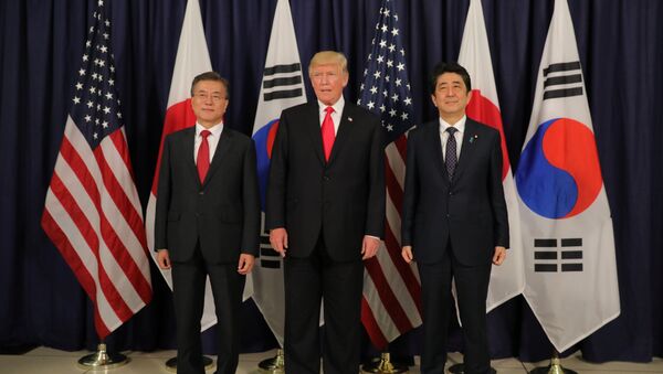 U.S. President Donald Trump meets South Korea's President Moon Jae-In and Japanese Prime Minister Shinzo Abe ahead the G20 leaders summit in Hamburg, Germany July 6, 2017 - Sputnik International
