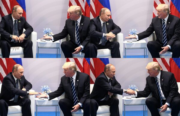 US President Donald Trump (L) and Russia's President Vladimir Putin shaking hands during a meeting on the sidelines of the G20 Summit in Hamburg, Germany, on July 7, 2017 US President Donald Trump (L) and Russia's President Vladimir Putin shaking hands during a meeting on the sidelines of the G20 Summit in Hamburg, Germany, on July 7, 2017 - Sputnik International