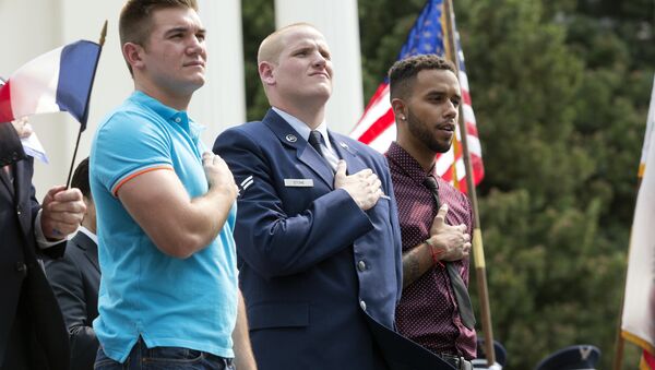 FILE - In this Sept. 11, 2015 file photo, Oregon National Guardsman Alek Skarlatos, left, U.S. Airman Spencer Stone, center, and Anthony Sadler attend a parade held to honor the three Americans who stopped a gunman on a Paris-bound passenger train, in Sacramento, Calif. - Sputnik International