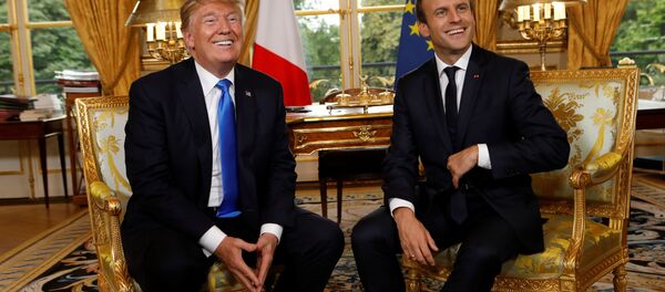 French President Emmanuel Macron and U.S. President Donald Trump (L) react as they meet at the Elysee Palace in Paris, France, July 13, 2017. - Sputnik International