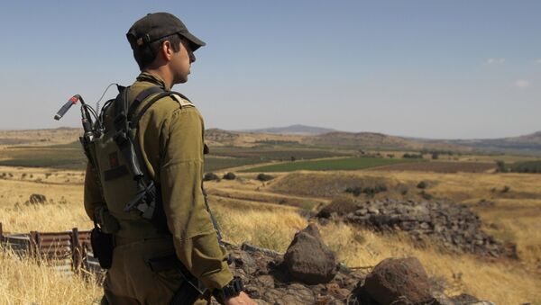 A Israeli soldier patrols near the border with Syria after projectiles fired from the war-torn country hit the Israeli occupied Golan Heights on June 24, 2017 - Sputnik International