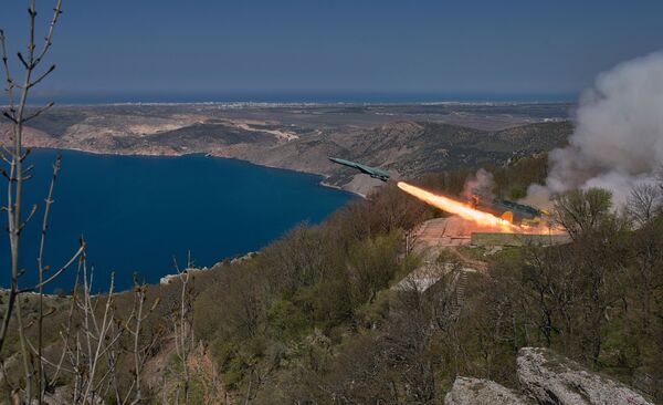 The Utyos stationary coastal missile system launches a cruise missile during a Black Sea Fleet tactical drill in Crimea - Sputnik International