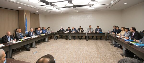 UN Special Envoy of the Secretary-General for Syria Staffan de Mistura (3rd L) attends a new round of negotiation with Syria's main opposition High Negotiations Committee (HNC) leader Nasr al-Hariri during the Intra Syria talks, at Palais des Nations in Geneva, Switzerland July 14, 2017 UN Special Envoy of the Secretary-General for Syria Staffan de Mistura (3rd L) attends a new round of negotiation with Syria's main opposition High Negotiations Committee (HNC) leader Nasr al-Hariri during the Intra Syria talks, at Palais des Nations in Geneva, Switzerland July 14, 2017 - Sputnik International