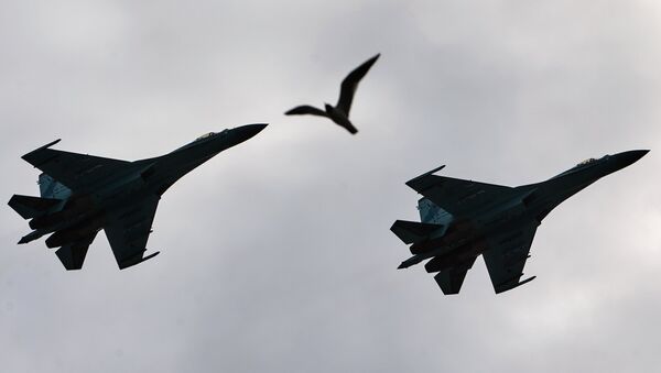 Su-27 Flanker fighters fly over Palace Square in during a rehearsal of the Victory Parade in St. Petersburg - Sputnik International
