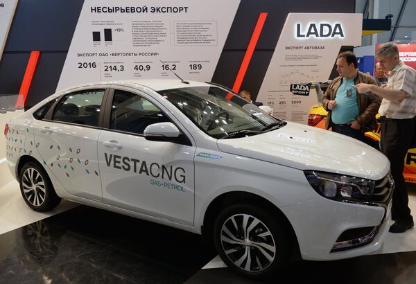 A LADA Vesta CNG car at AvtoVAZ stand during the 8th Innoprom-2017 International Industrial Exhibition. Ekaterinburg-EXPO international exhibition center, Yekaterinburg - Sputnik International