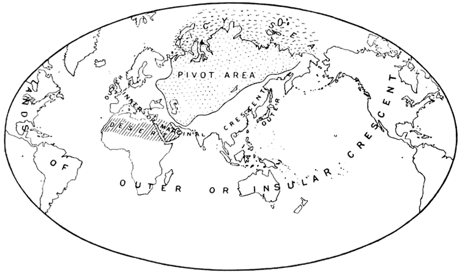 Map of the Heartland Theory, as published by H.J. Mackinder in 1904, which suggests that the Heartland's size and central position in the world makes it the key to controlling the World-Island of Europe, Asia and Africa. Map of the Heartland Theory, as published by H.J. Mackinder in 1904, which suggests that the Heartland's size and central position in the world makes it the key to controlling the World-Island of Europe, Asia and Africa. - Sputnik International, 1920, 11.08.2024
