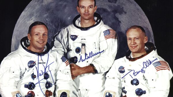 the crew of the Apollo 11 lunar landing mission L-R Neil Armstrong, commander, Michael Collins, command module pilot and Edwin E. Aldrin Jr, lunar module pilot, 01 May 1969.  - Sputnik International