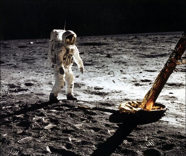 This photo taken 20 July 1969 of astronaut Edwin Buzz E. Aldrin Jr., lunar module pilot walking on the surface of the moon near the leg of the Lunar Module (ML) Eagle during the Apollo 11 extravehicular activity (EVA). Astronaut Neil A. Armstrong took this photograph with a 70mm lunar surface camera. - Sputnik International