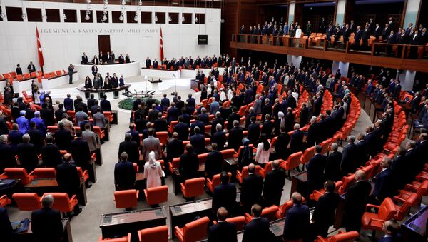 Turkish Parliament convenes to commemorate the attempted coup on its first anniversary at the Turkish parliament in Ankara, Turkey July 15, 2017 - Sputnik International