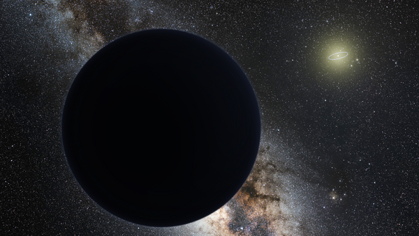Artist's impression of Planet Nine as an ice giant eclipsing the central Milky Way, with a star-like Sun in the distance. Neptune's orbit is shown as a small ellipse around the Sun. - Sputnik International