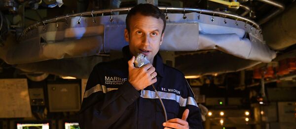 French president Emmanuel Macron speaks to the Captain and crew of the submarine Le Terrible from the operations centre of the vessel, whilst at sea on July 4, 2017 French president Emmanuel Macron speaks to the Captain and crew of the submarine Le Terrible from the operations centre of the vessel, whilst at sea on July 4, 2017 - Sputnik International