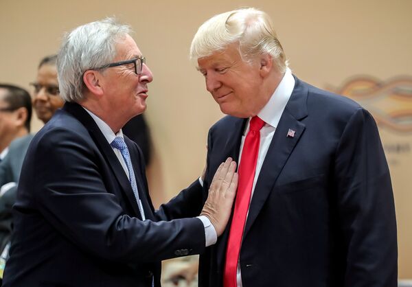 U.S. President Donald Trump, right, talks with European Commission President Jean-Claude Juncker, left, prior to a working session at the G-20 summit in Hamburg, Germany, July 8, 2017 U.S. President Donald Trump, right, talks with European Commission President Jean-Claude Juncker, left, prior to a working session at the G-20 summit in Hamburg, Germany, July 8, 2017 - Sputnik International