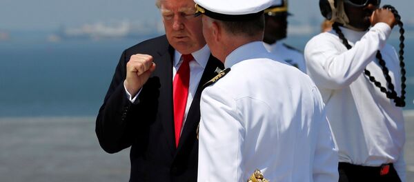 US President Donald Trump bids farewell to US Navy Captain Richard McCormack after commissioning the aircraft carrier USS Gerald R. Ford during a ceremony at Naval Station Norfolk in Norfolk, Virginia, US July 22, 2017. - Sputnik International