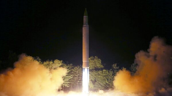 Intercontinental ballistic missile (ICBM) Hwasong-14 is pictured during its second test-fire in this undated picture provided by KCNA in Pyongyang on July 29, 2017 - Sputnik International
