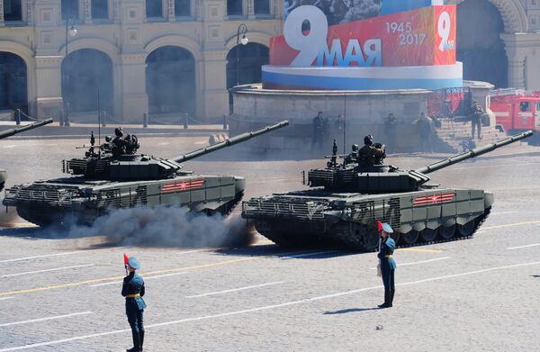 The T-72B3 tanks seen during the rehearsal of the May 9 Victory Day Parade in Moscow  - Sputnik International