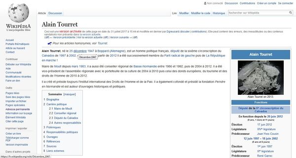 Screenshot of Alain Tourret's hacked Wikipedia page - Sputnik International