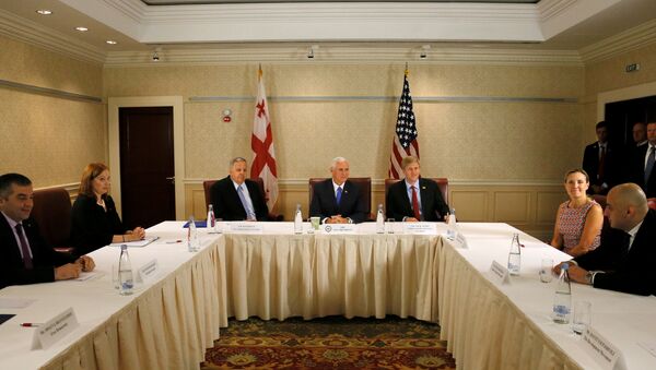 U.S. Vice President Mike Pence (C), Chief of Staff to the Vice President Nick Ayers (center R) and U.S. Ambassador to Georgia Ian Kelly (center L) attend a meeting with Georgian opposition leaders in Tbilisi, Georgia, August 1, 2017 - Sputnik International