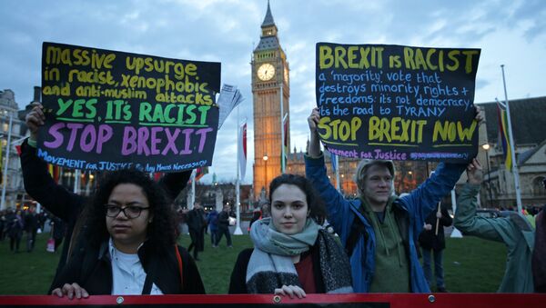 Protesters hold up anti-Brexit placards as they take part in a protest in support of an amendment to guarantee legal status of EU citizens, outside the Houses of Parliament in London on March 13, 2017 - Sputnik International