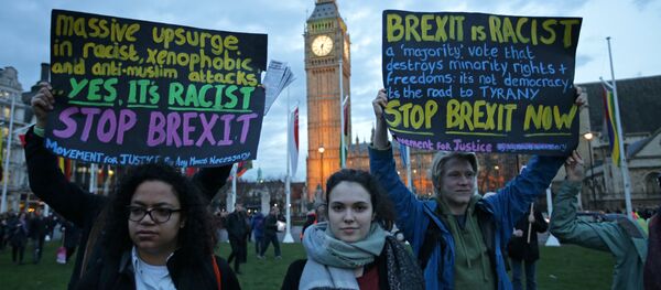 Protesters hold up anti-Brexit placards as they take part in a protest in support of an amendment to guarantee legal status of EU citizens, outside the Houses of Parliament in London on March 13, 2017 - Sputnik International