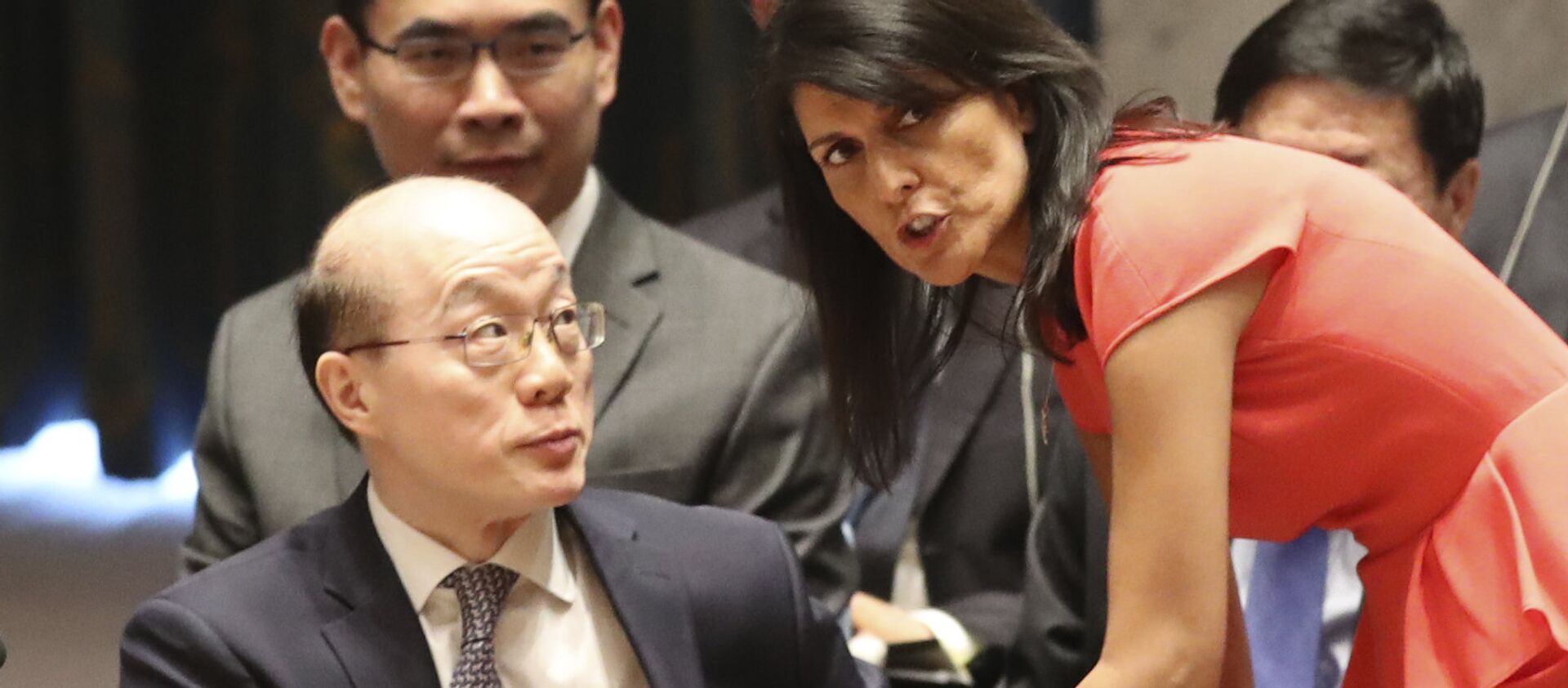 American Ambassador to the United Nations Nikki Haley, right, speaks to Chinese Ambassador to the United Nations Liu Jieyi before a Security Council vote on a new sanctions resolution that would increase economic pressure on North Korea to return to negotiations on its missile program, Saturday, Aug. 5, 2017 at U.N. headquarters - Sputnik International, 1920, 17.06.2021