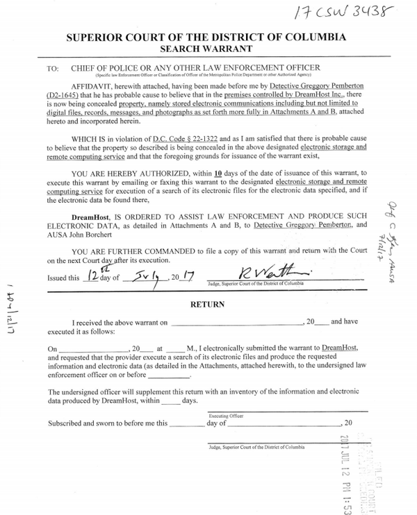 DreamHost's Search Warrant Issued By Department of Justice Page 1 - Sputnik International