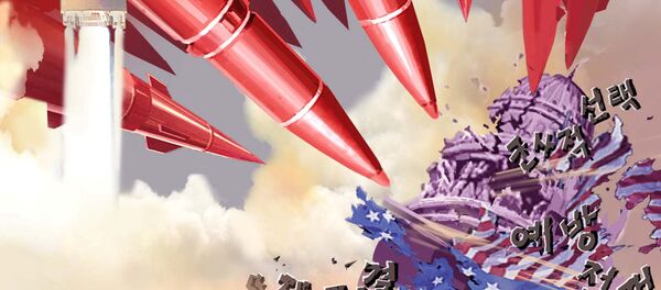 A propaganda poster blaming U.S. and hostile countries' sanction is seen in this undated photo released by North Korea's Korean Central News Agency (KCNA) in Pyongyang August 17, 2017. The poster reads: Our answer! - Sputnik International