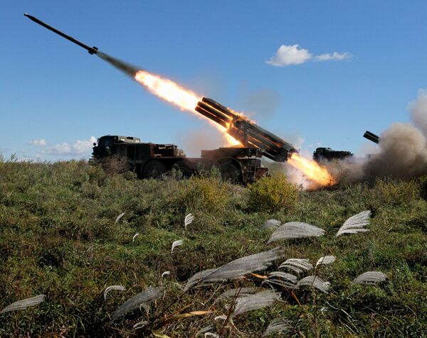 The BM-27 Uragan self-propelled multiple rocket launcher system during a military exercise of artillery units of the 5th Army at the Sergeyevsky training ground in the Primorye Territory. - Sputnik International