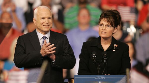 Republican Alaska Gov. Sarah Palin, right, delivers a speech as Republican presidential candidate, Sen. John McCain, R-Ariz., introduces her as his vice presidential running mate at Wright State University's Ervin J. Nutter Center in Dayton, Ohio. (File) - Sputnik International