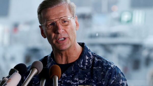 Vice Admiral Joseph Aucoin, U.S. 7th Fleet Commander, speaks to media on the status of the U.S. Navy destroyer USS Fitzgerald, damaged by colliding with a Philippine-flagged merchant vessel, and the seven missing Fitzgerald crew members, at the U.S. naval base in Yokosuka, south of Tokyo, Japan June 18, 2017 - Sputnik International