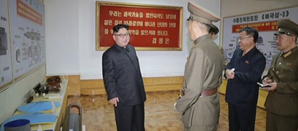 In this image made from video of a news bulletin aired by North Korea's KRT on Wednesday, Aug. 23, 2017, leader Kim Jong Un visits the Chemical Material Institute of Academy of Defense Science at an undisclosed location in North Korea. North Korea's state media released photos that appear to show concept diagrams of the missiles hanging on a wall behind leader Kim Jong Un, one showing a diagram for a missile called Pukguksong-3. Independent journalists were not given access to cover the event depicted in this photo. In this image made from video of a news bulletin aired by North Korea's KRT on Wednesday, Aug. 23, 2017, leader Kim Jong Un visits the Chemical Material Institute of Academy of Defense Science at an undisclosed location in North Korea. North Korea's state media released photos that appear to show concept diagrams of the missiles hanging on a wall behind leader Kim Jong Un, one showing a diagram for a missile called Pukguksong-3. Independent journalists were not given access to cover the event depicted in this photo. - Sputnik International
