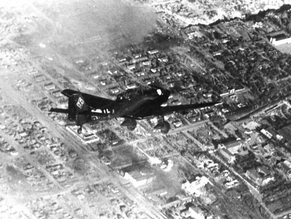 Junkers Ju 87 Stuka dive bomber over the neighborhood west of the Red October factory; some of the administration buildings are at lower right; Bayonet Gully is at top right. Junkers Ju 87 Stuka dive bomber over the neighborhood west of the Red October factory; some of the administration buildings are at lower right; Bayonet Gully is at top right. - Sputnik International