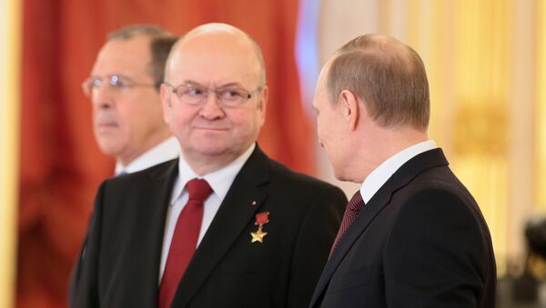 Russian President Vladimir Putin (right) and the Czech Republic's ambassador Vladimir Remek seen attending the ceremony of credentials delivery presentation at the St.Alexander Hall of the Grand Kremlin Palace, January 16, 2014 - Sputnik International