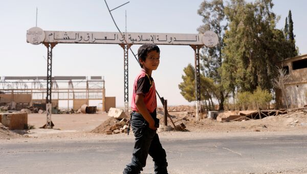 A boy walks past a sign which reads 'Islamic State in Iraq and Syria' as fighting continues between the Syrian Democratic Forces and Islamic State militants in Raqqa, Syria, August 20, 2017 - Sputnik International