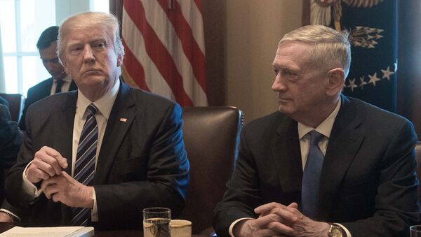 US President Donald Trump prepares to speak to the press before he meets with his cabinet in the Cabinet Room at the White House in Washington, DC, on March 13, 2017, as Defense Secretary James Mattis looks on - Sputnik International
