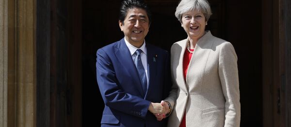 Britain's Prime Minister Theresa May (R) welcomes Japan's Prime Minister Shinzo Abe (L) at Chequers, the prime minister's official country residence, near Ellesborough, northwest of London, on April 28, 2017 Britain's Prime Minister Theresa May (R) welcomes Japan's Prime Minister Shinzo Abe (L) at Chequers, the prime minister's official country residence, near Ellesborough, northwest of London, on April 28, 2017 - Sputnik International