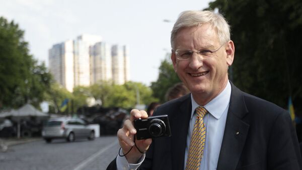 Swedish Foreign Minister Carl Bildt, holds a camera during his walk in central Kiev, Ukraine, Friday, May 16, 2014 - Sputnik International