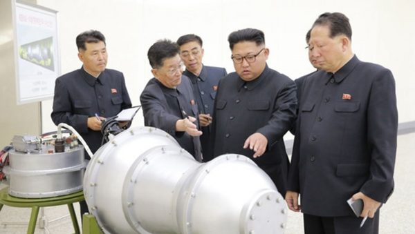DPRK state-run media outlet KCNA September 3, 2017, handout purporting to show Pyongyang leader Kim Jong-un viewing newly developed miniaturized hydrogen bomb capable of being mounted on ICBM. // KCNA handout - Sputnik International